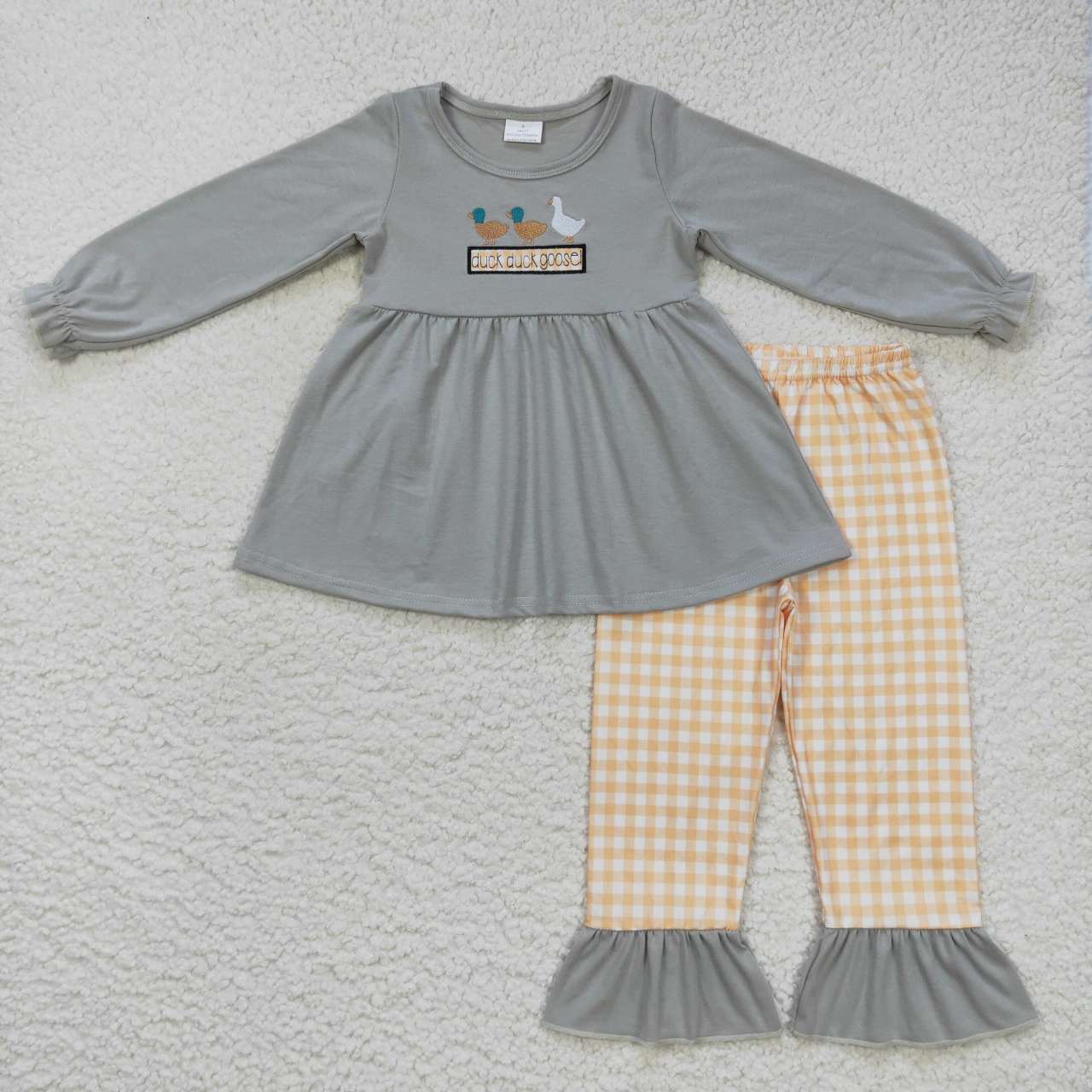 Baby Girls Embroidery Duck Goose Tunic Pants Plaid Clothes Sets