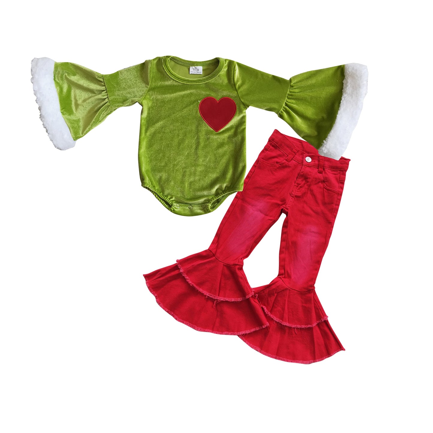 Heart green face romper red denim pants girls Christmas outfits