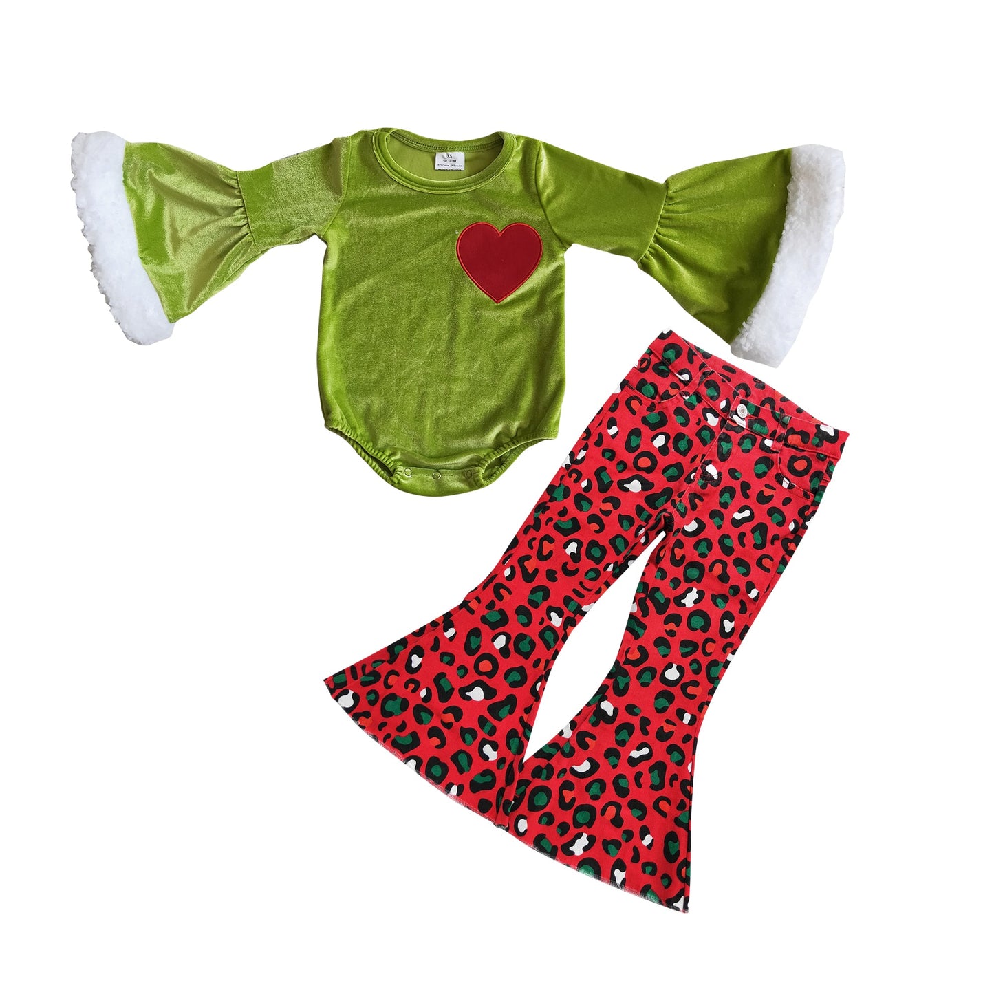 Heart green face romper red leopard denim pants girls Christmas outfits