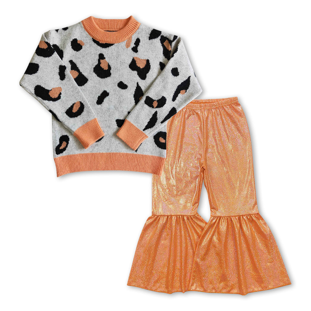 Kids Girls Leopard Sweater Top and Orange Pants Outfit