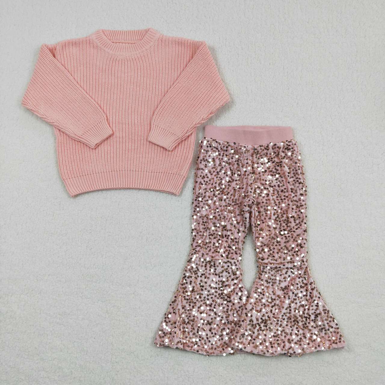 Kids Girls Pink Sweater + Light Pink Sequin Pants Outfit