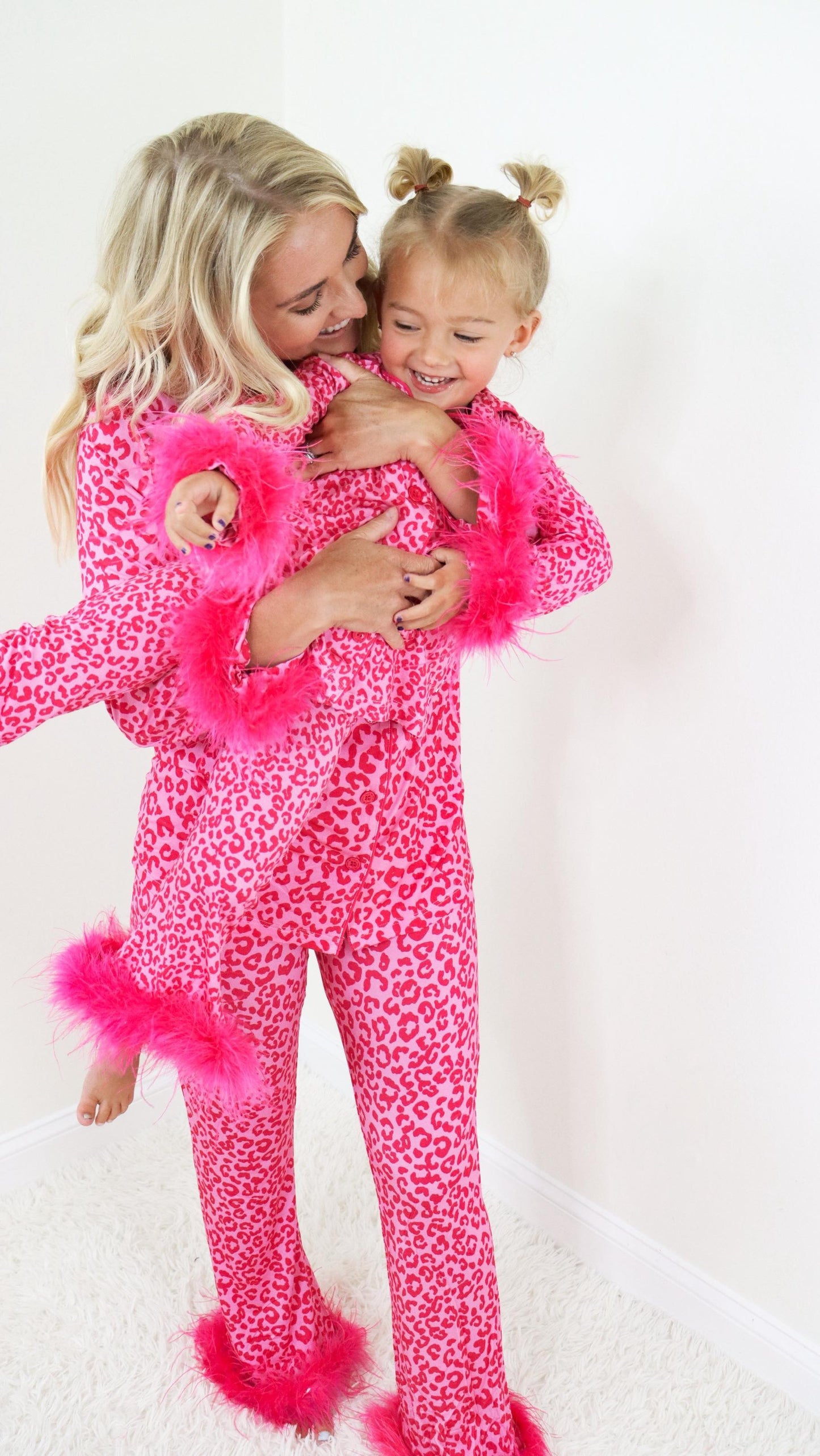 Mommy and Me Adult Baby Girls Hot Pink Leoaprd Fur Pajamas Clothes Sets