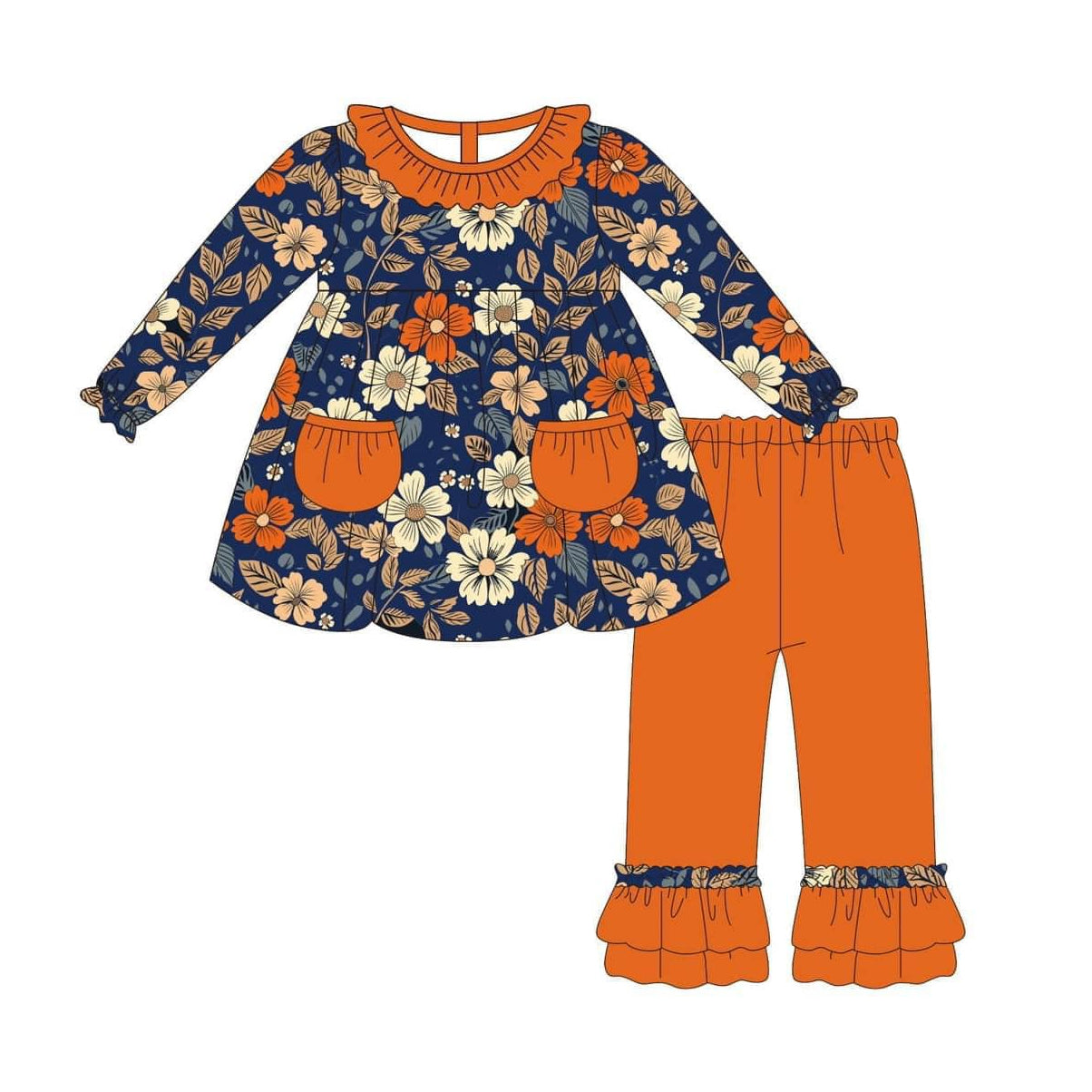 GLP1416 Baby Girls Fall Flower Top Orange Pants Outfit