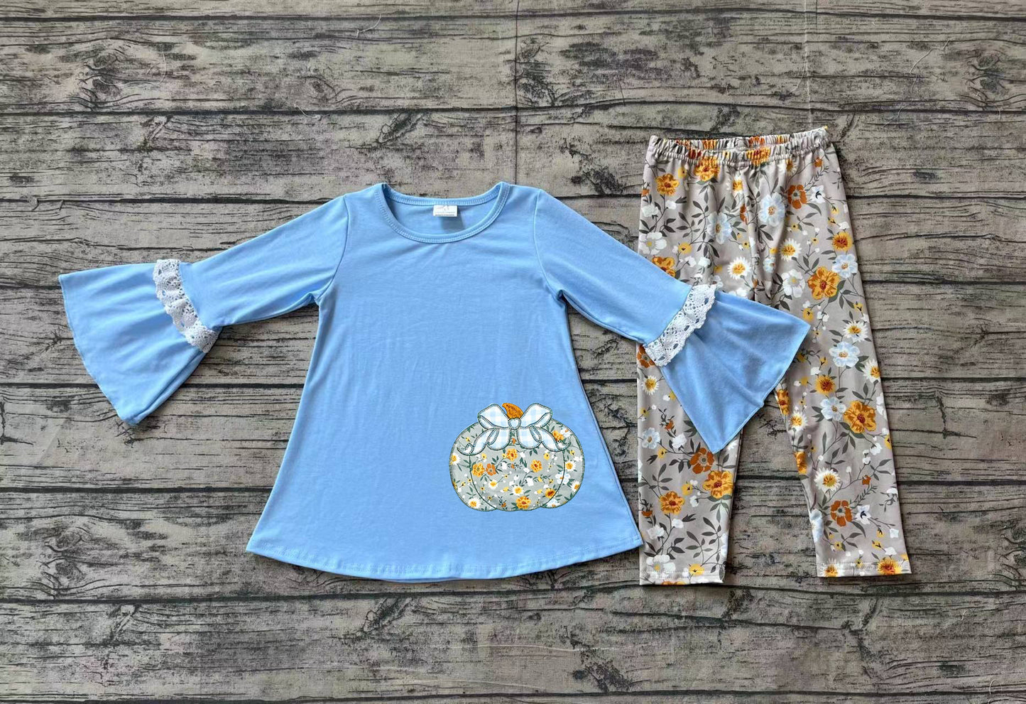 Baby Girls Floral Pumpkin Blue Top Embroidery Outfit