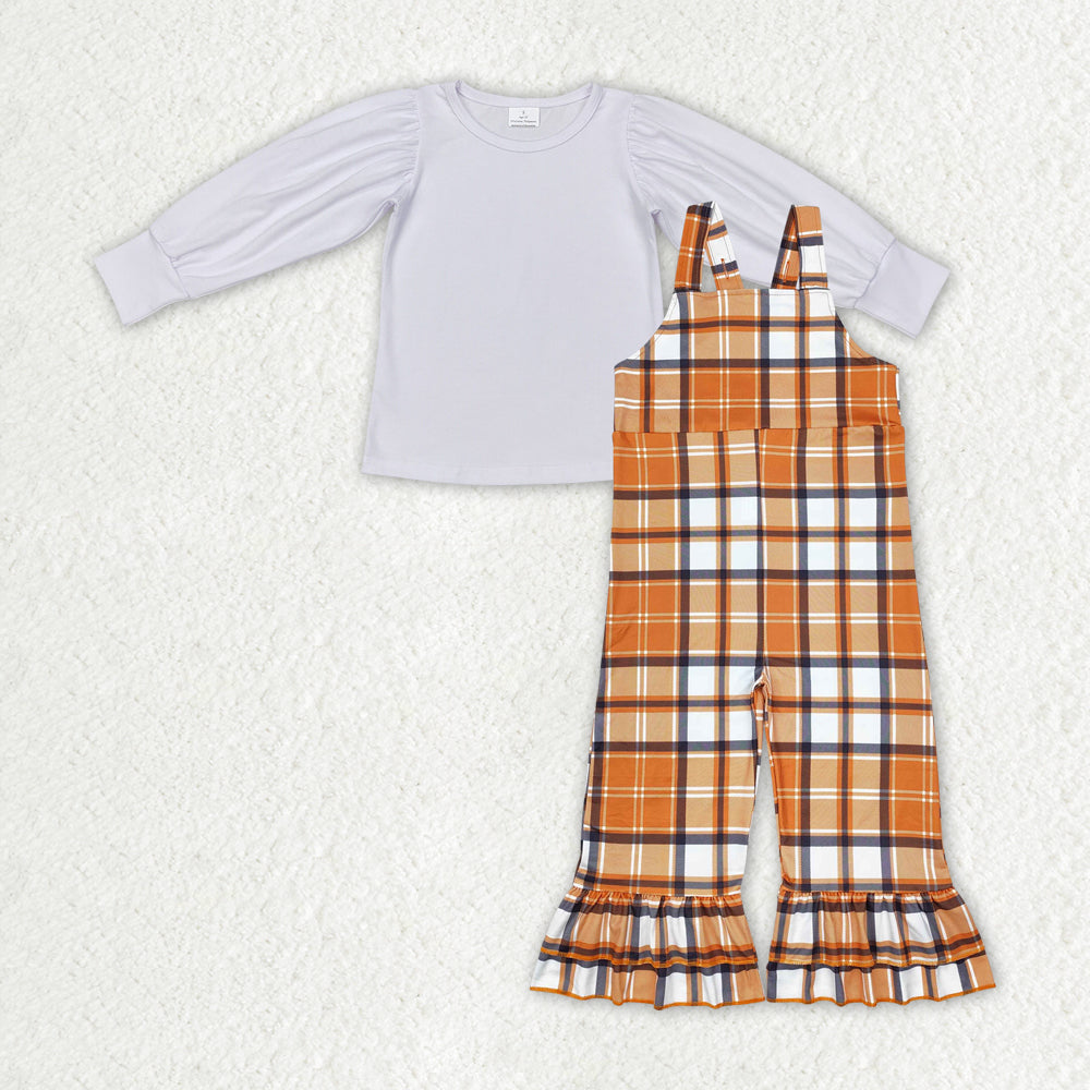 Baby Girls White Top and Brown Plaid Overall Outfit