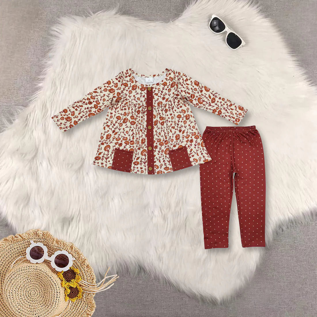 Kids Girls Sibling Spring/Fall Vintage Floral Tunic Top Leggings Set