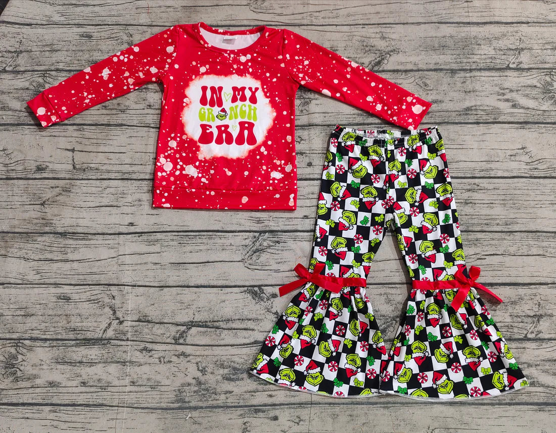 Baby Girls Christmas Green Face Red Top Bell Bottom Pants Outfit