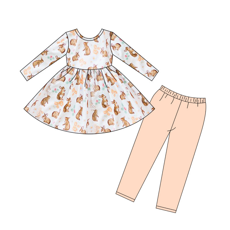 Baby Girls Peach Long Sleeves Bunny Floral Tunic Legging Pants Easter Set Preorder