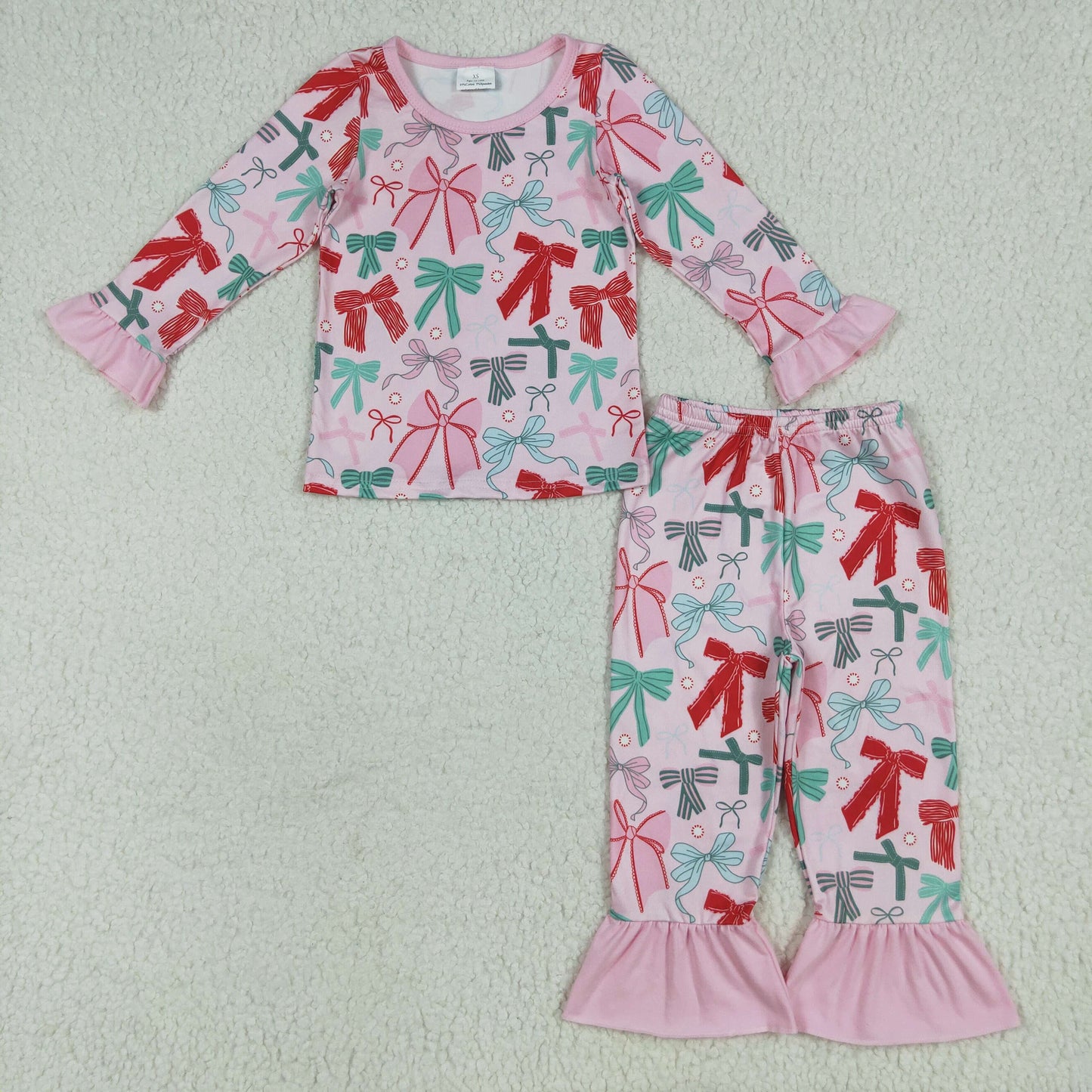 GLP2413 Kdis Girls Red Green Bow Long Sleeve Pajama Set