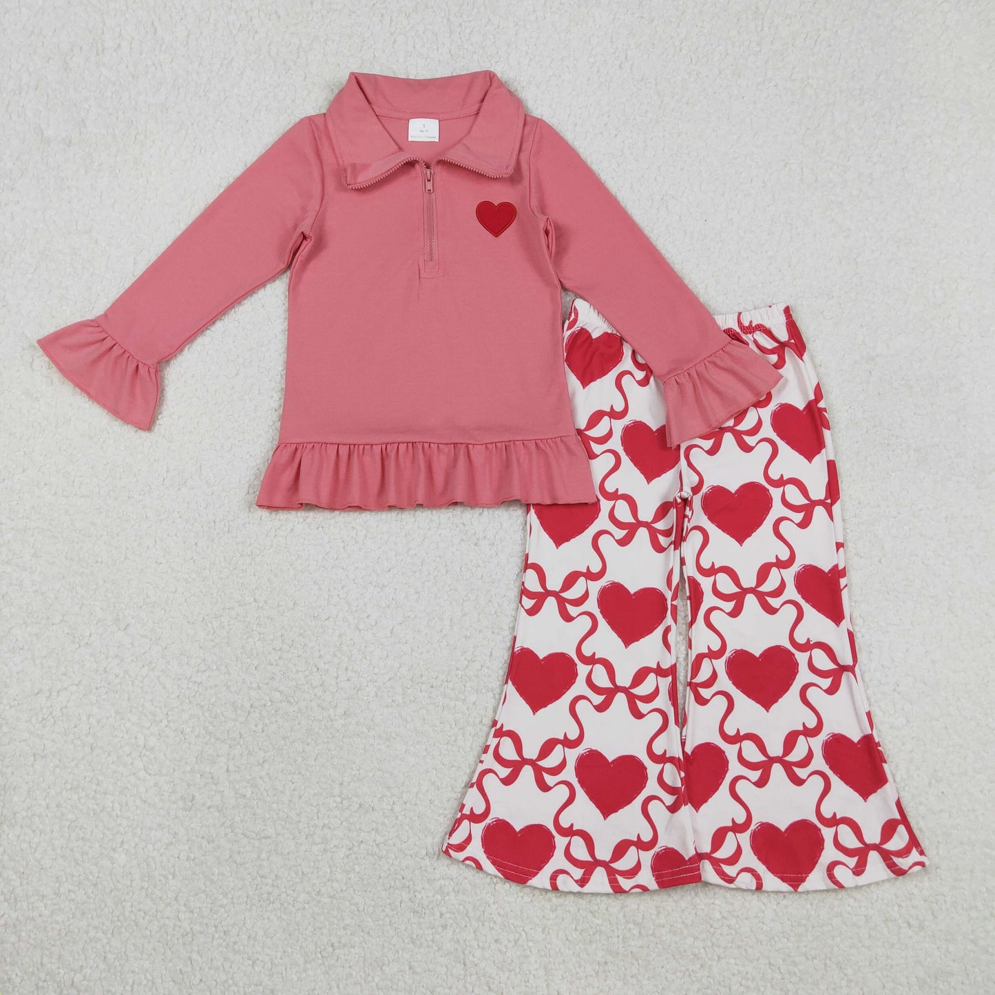 Heart Print Pullover Top With Bell Pants Set For Kids Girls