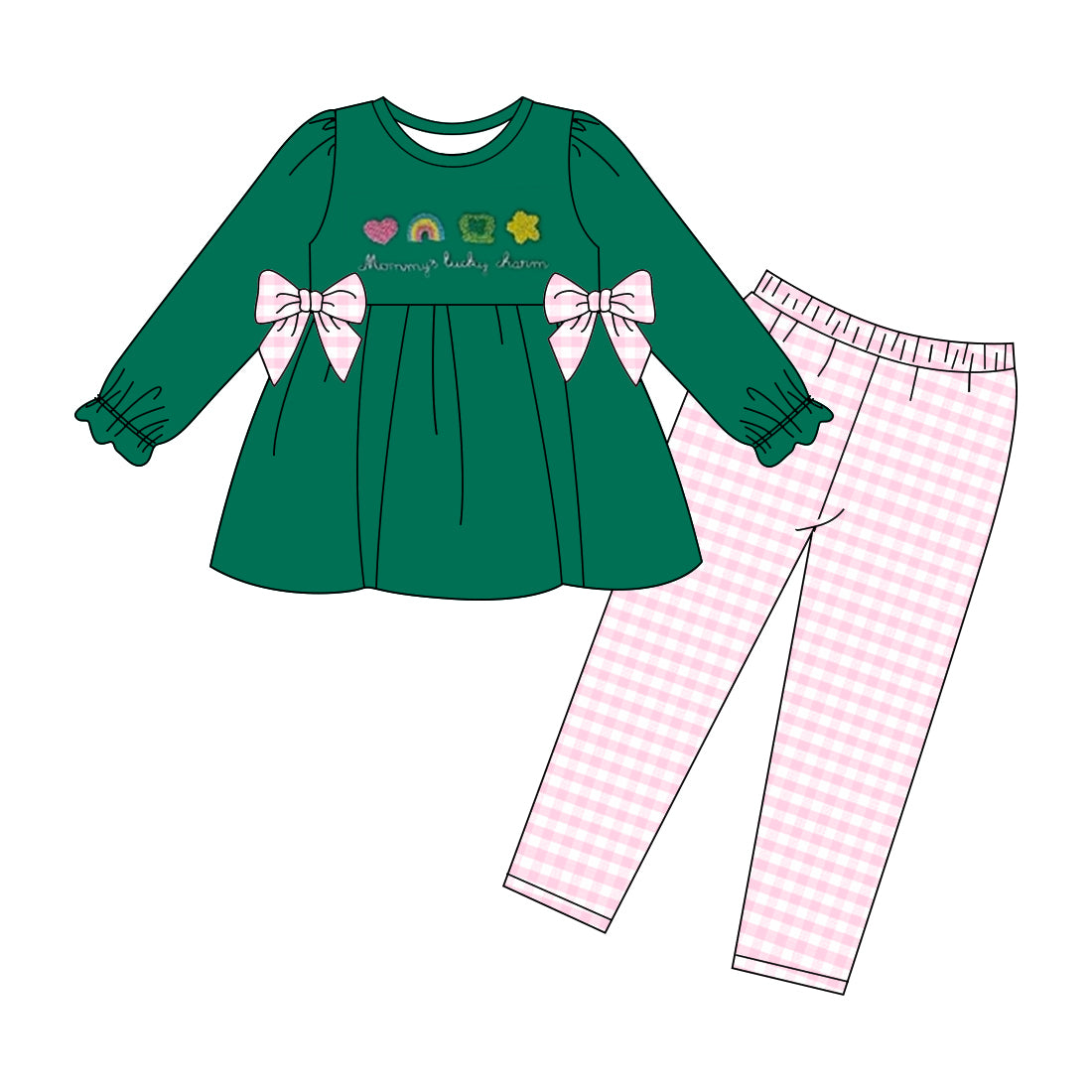 GLP3066 Kids girls Saint Patrick Green Tunic Top With Gingham Leggings Set Preorder
