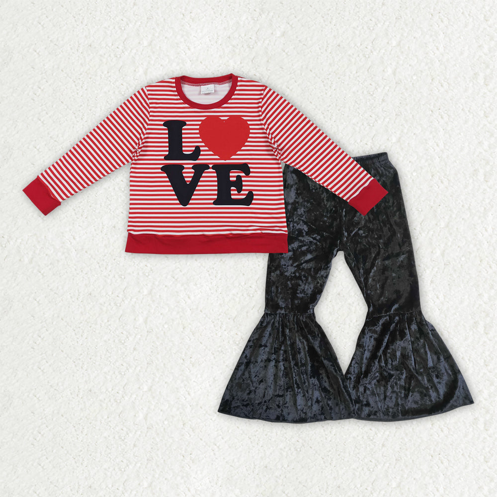 GLP3082 Baby Girls Valentine's Day Love Red Striped Top With Black Velvet Pants Set