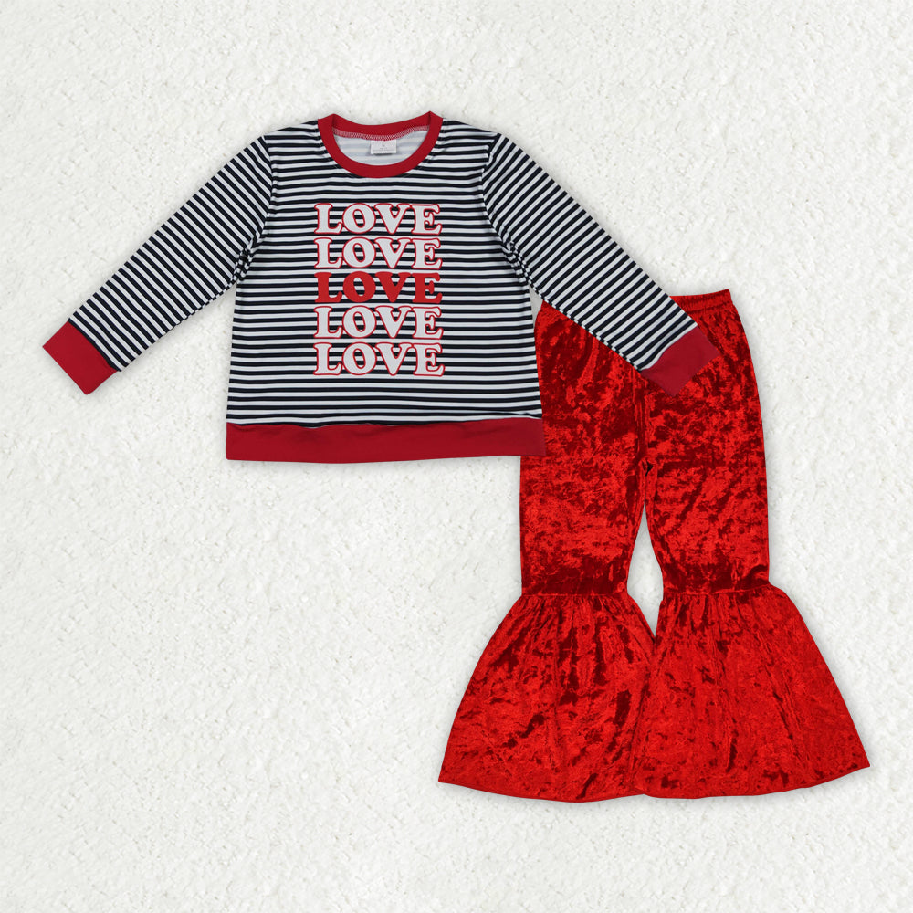 GLP3083 Baby Girls Valentine's Day Love Black Striped Top With Red Velvet Pants Set