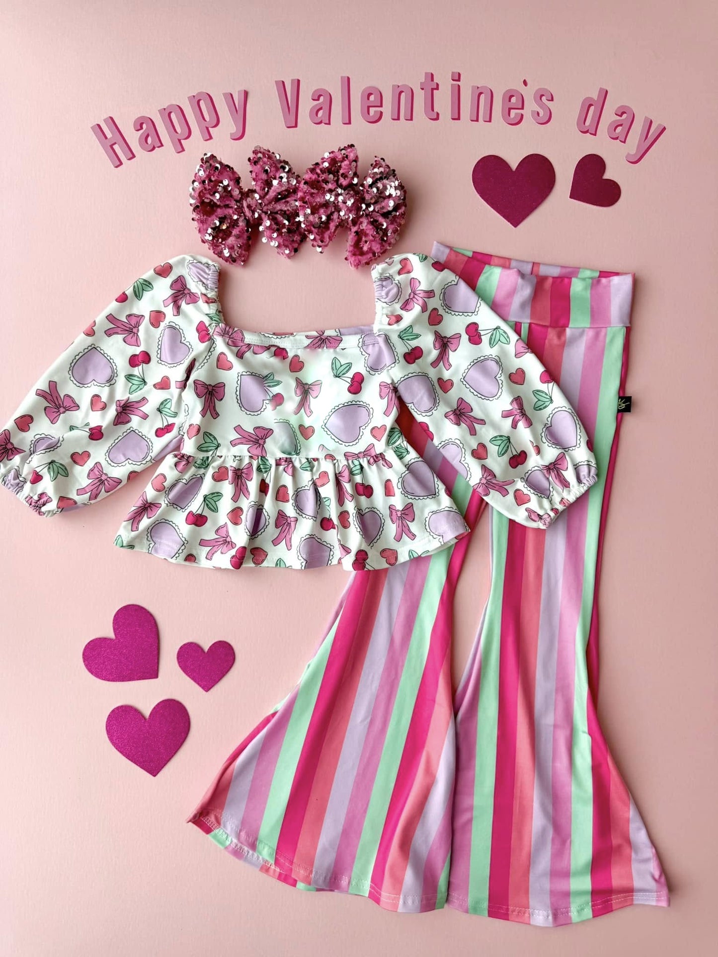GLP3119 Baby Girls Valentine's Day Heart BowTop With Striped Pants Set
