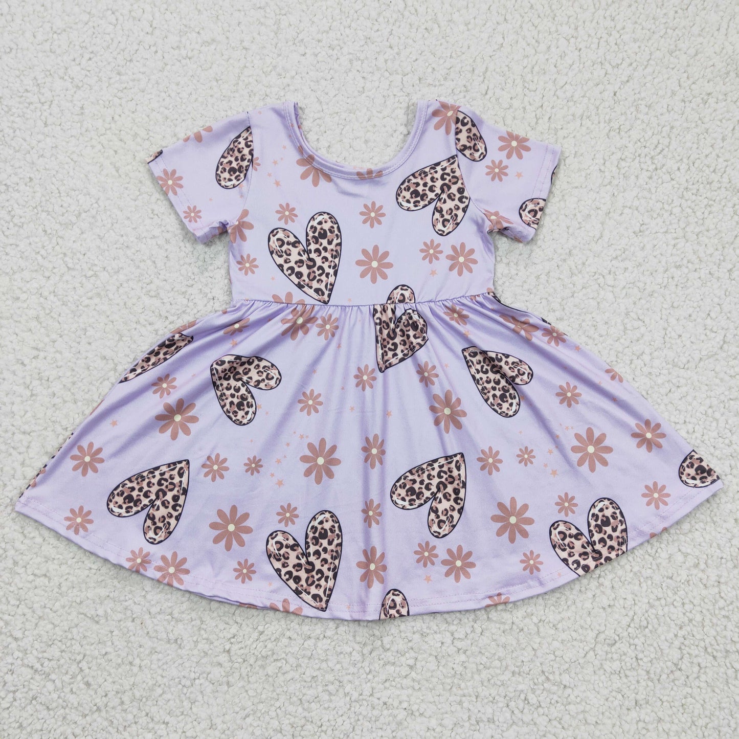 Baby Girls Lavender Short Sleeves Leopard Hearts Flowers Print Valentines Dresses