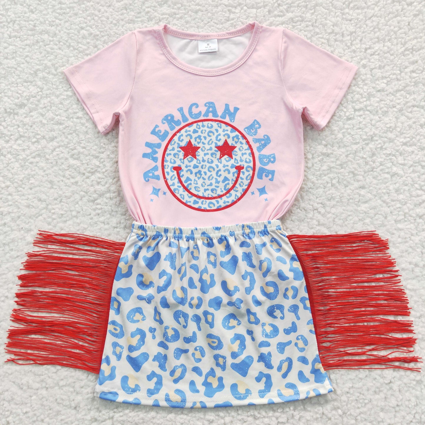 Baby Girls Pink Short Sleeves Leopard Smile Top Tassel Leopard Skirts Set