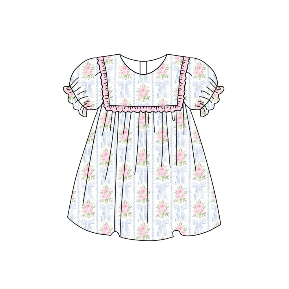 Sibling Baby Girls Sister Blue Bow Dress Outfit and Romper Preorder