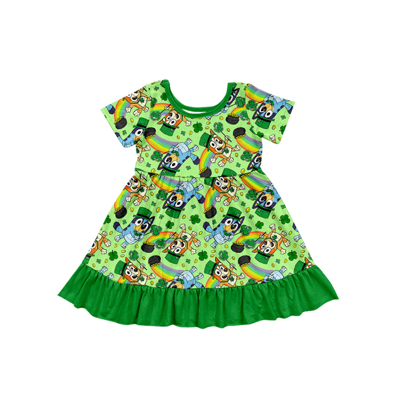 Baby Girls Green Short Sleeves Dogs Clovers Print St Patrick Dress Preorder