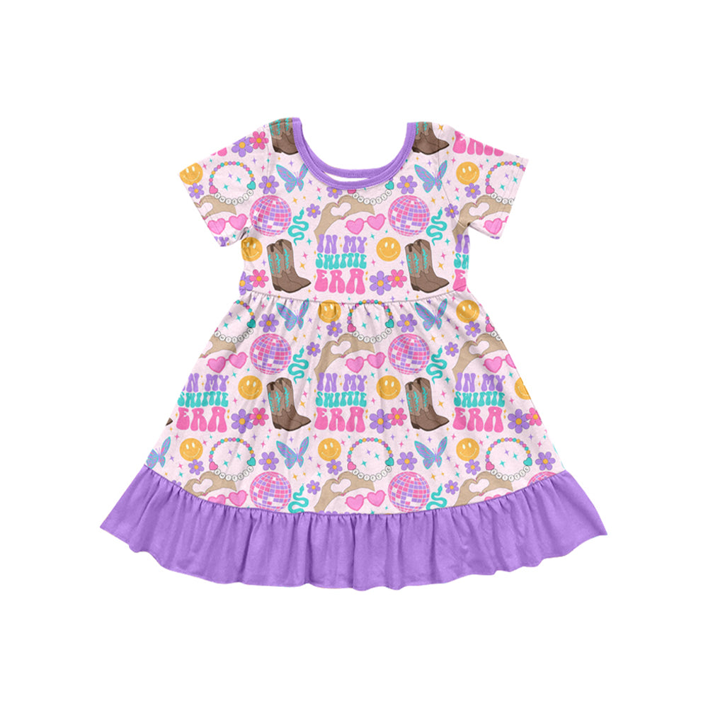 Baby Girls Purple Short Sleeves Boots Print Singer Ruffle Dress Preorder