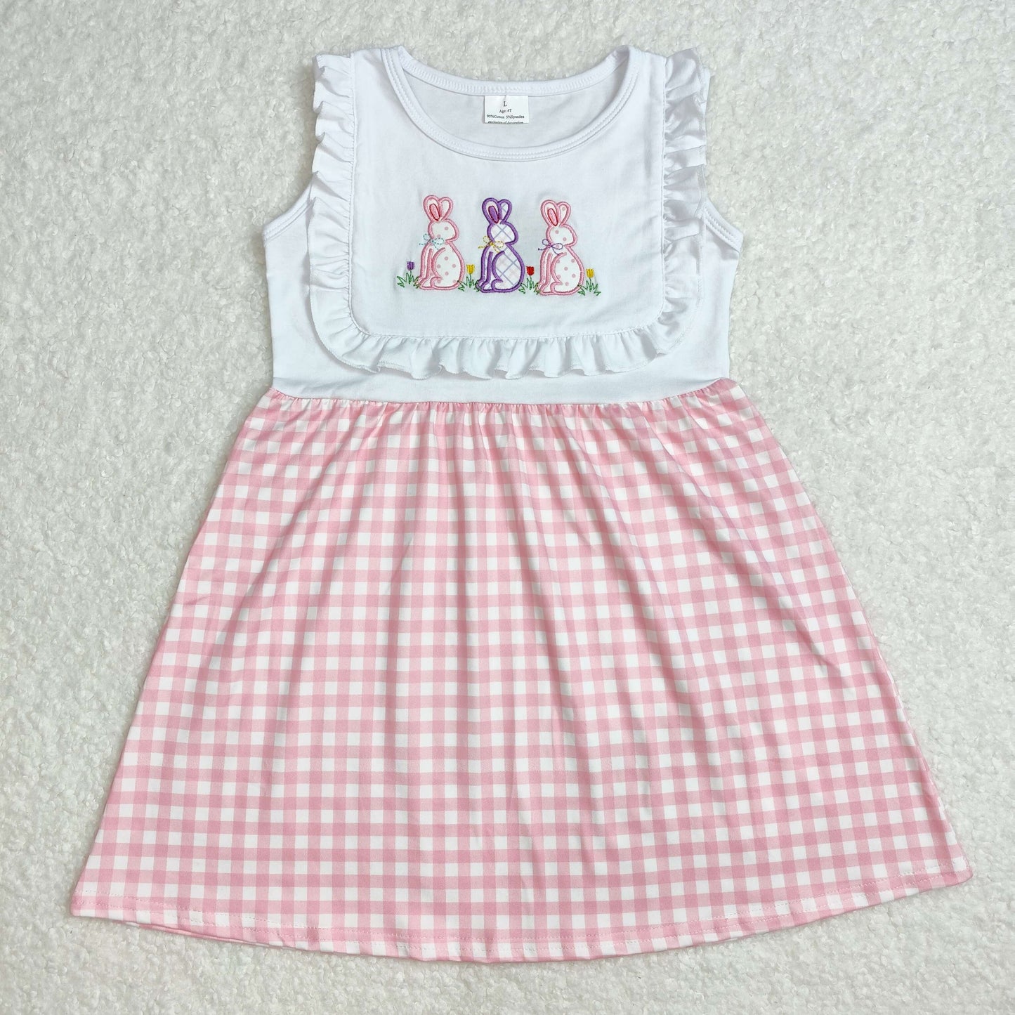 Baby Girls Sleeveless Embroidery Bunny Print Pink Plaid Easter Dress