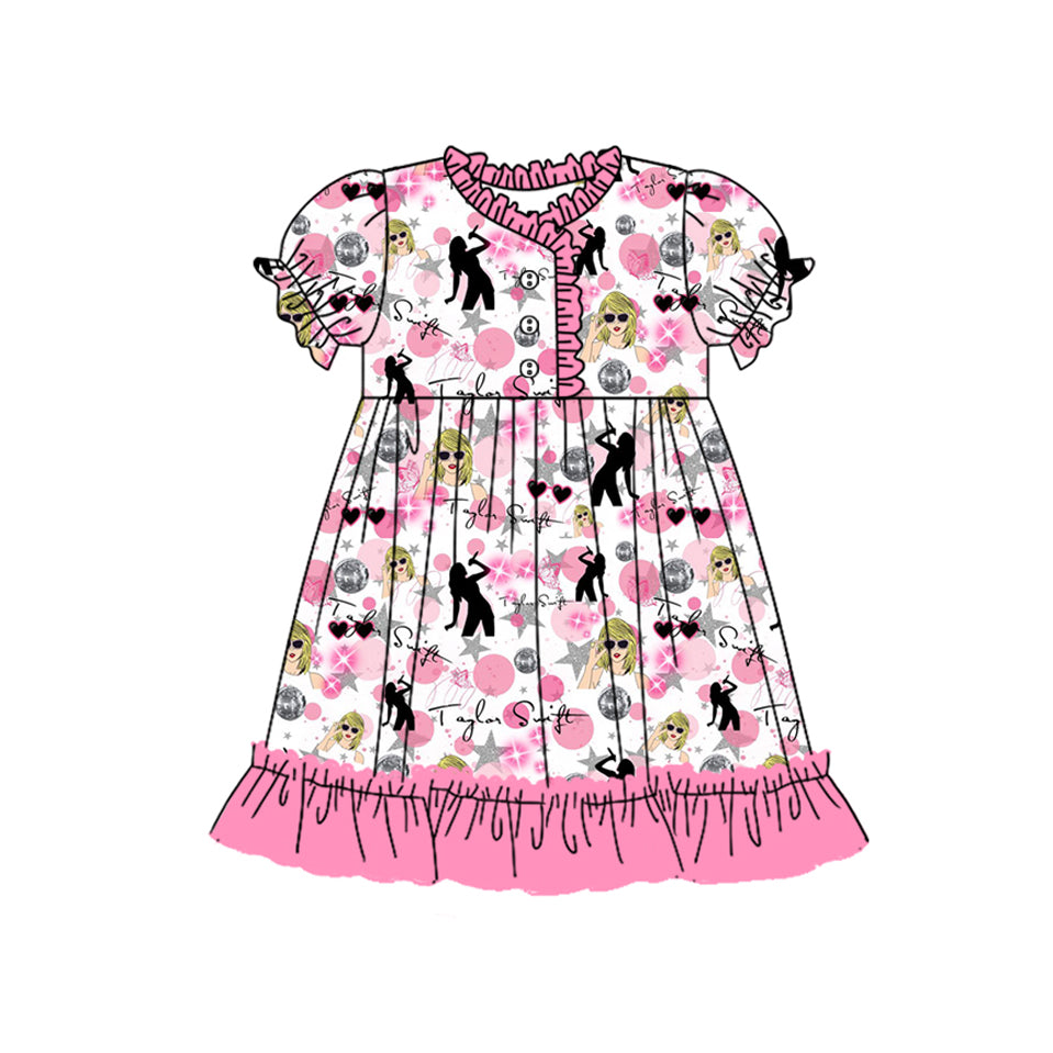 Baby Girls Pink Short Ruffle Sleeves Button Down Singer Guitars Print Dress Preorder