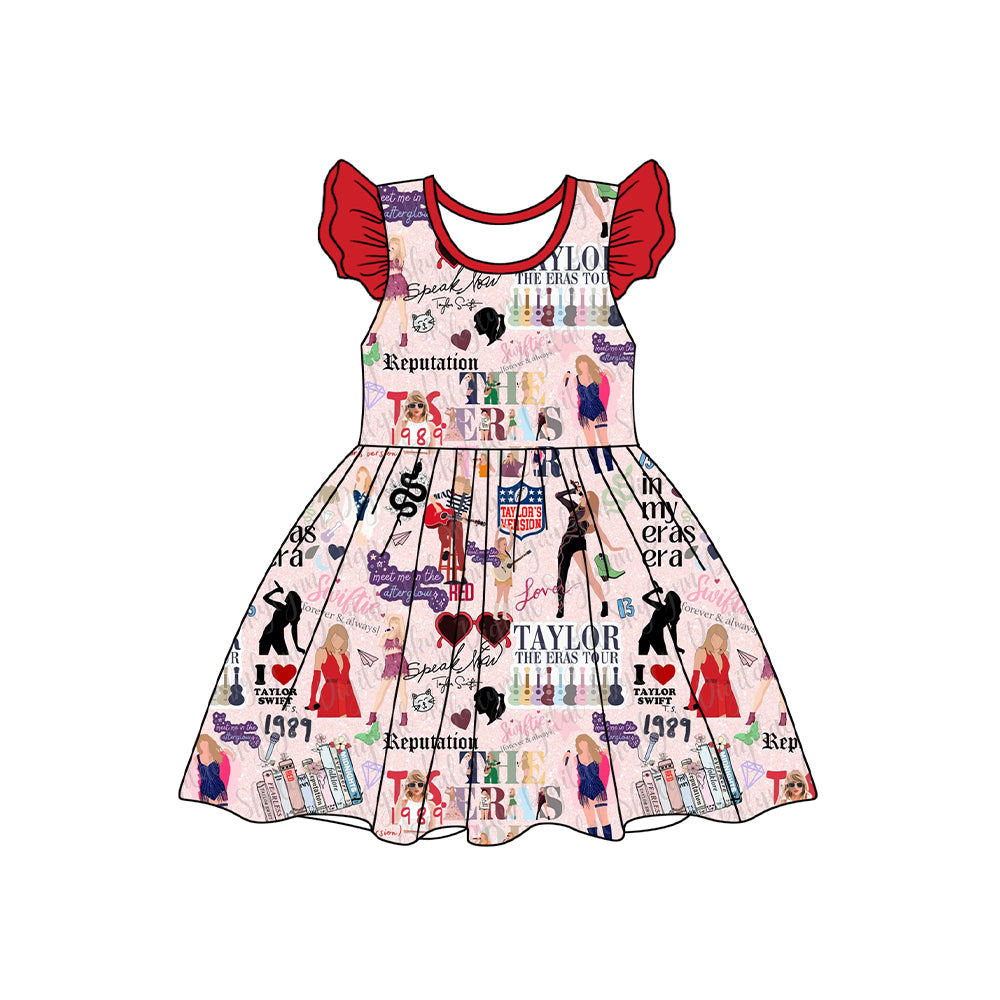 Baby Girls Red Flutter Sleeves Singer Guitars Print Dress Preorder