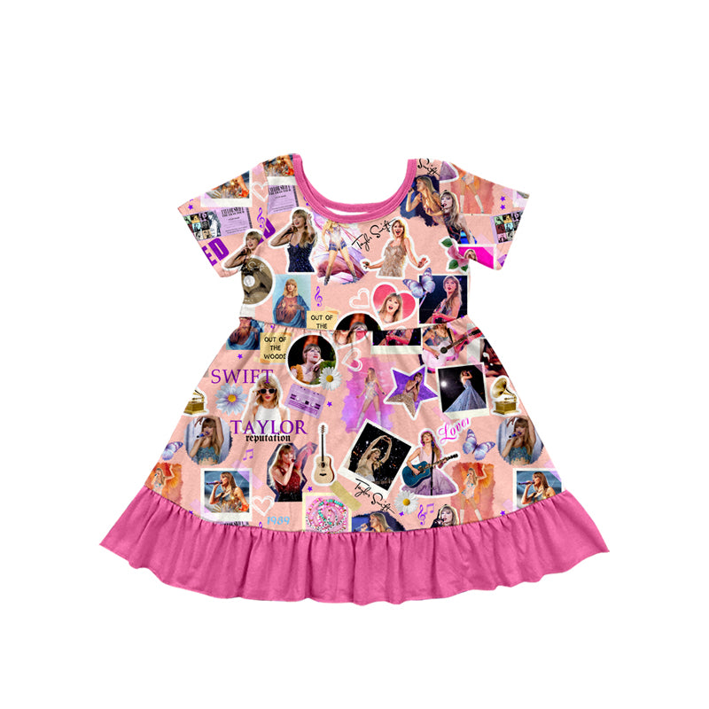 Baby Girls Pink Short Sleeves Singer Guitars Print Ruffle Dress Preorder