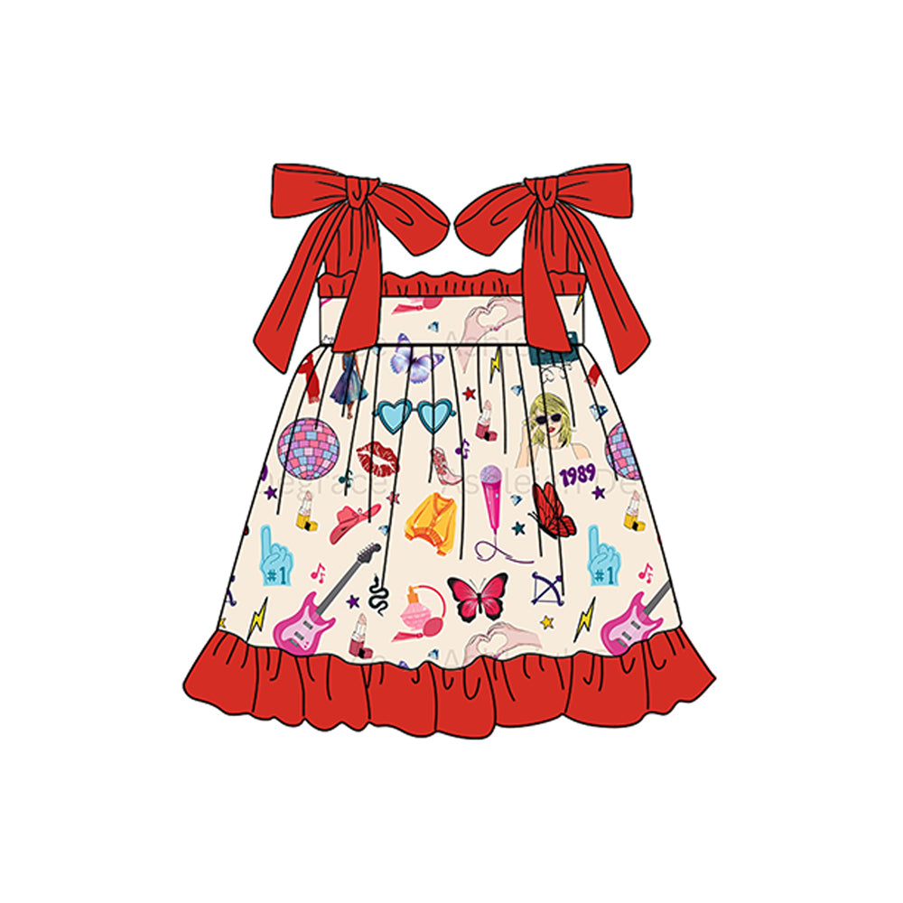 Baby Girls Red Strap Singer Guitars Print Ruffle Dress Preorder