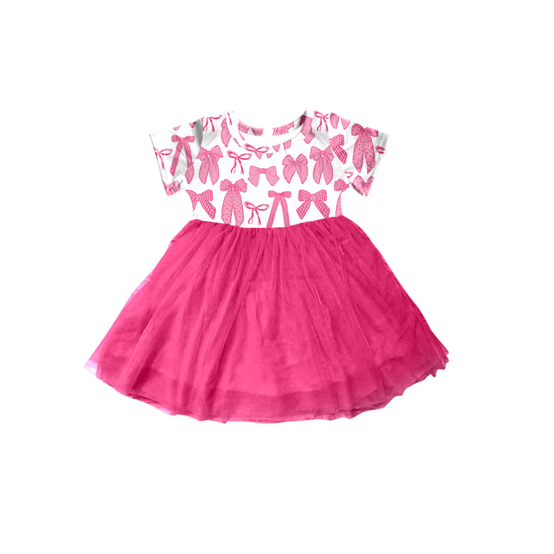 Baby Girls Short Sleeves Pink Bows Hot Pink Tulle Valentines Dress Preorder