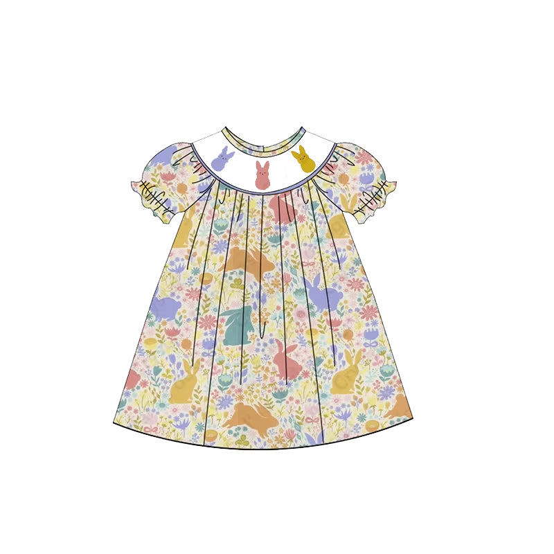 Baby Girls Yellow Short Ruffle Sleeves Bunny Flowers Easter Dresses Preorder