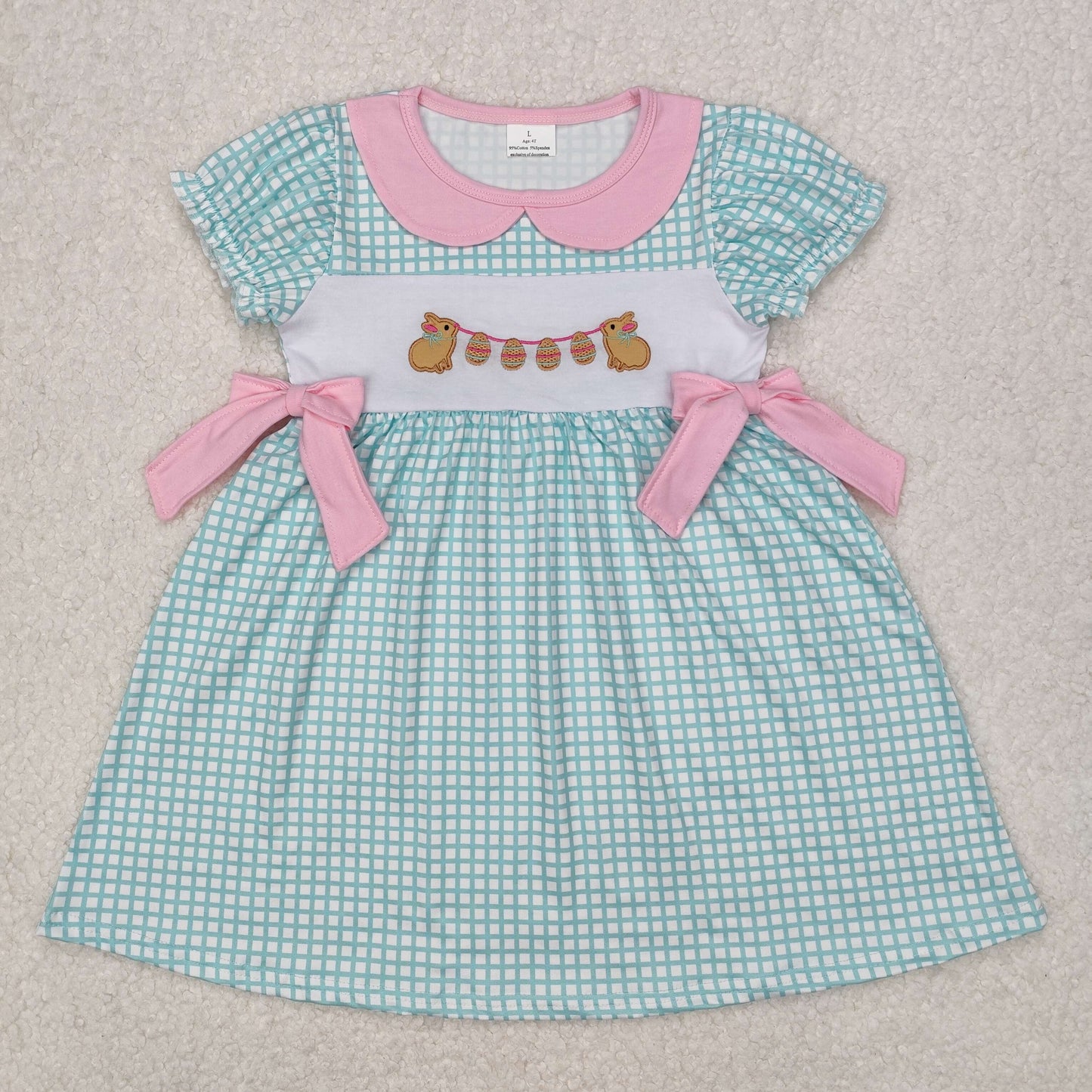 Baby Girls Sister Aqua Plaid Embroidery Bunny Eggs Bows Easter Clothes