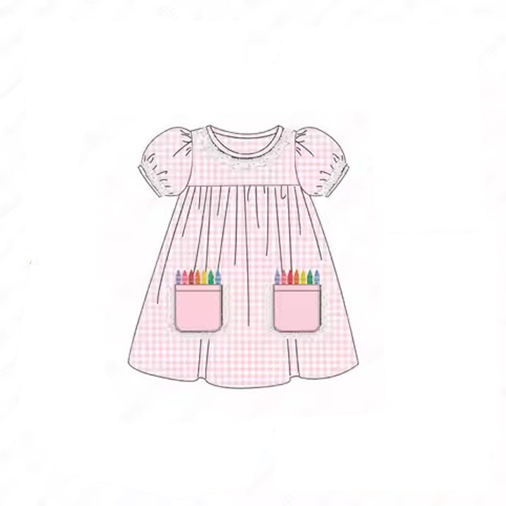 Baby Girls Pink Plaid Short Ruffle Sleeves Pencils Pockets Valentines Dresses Preorder