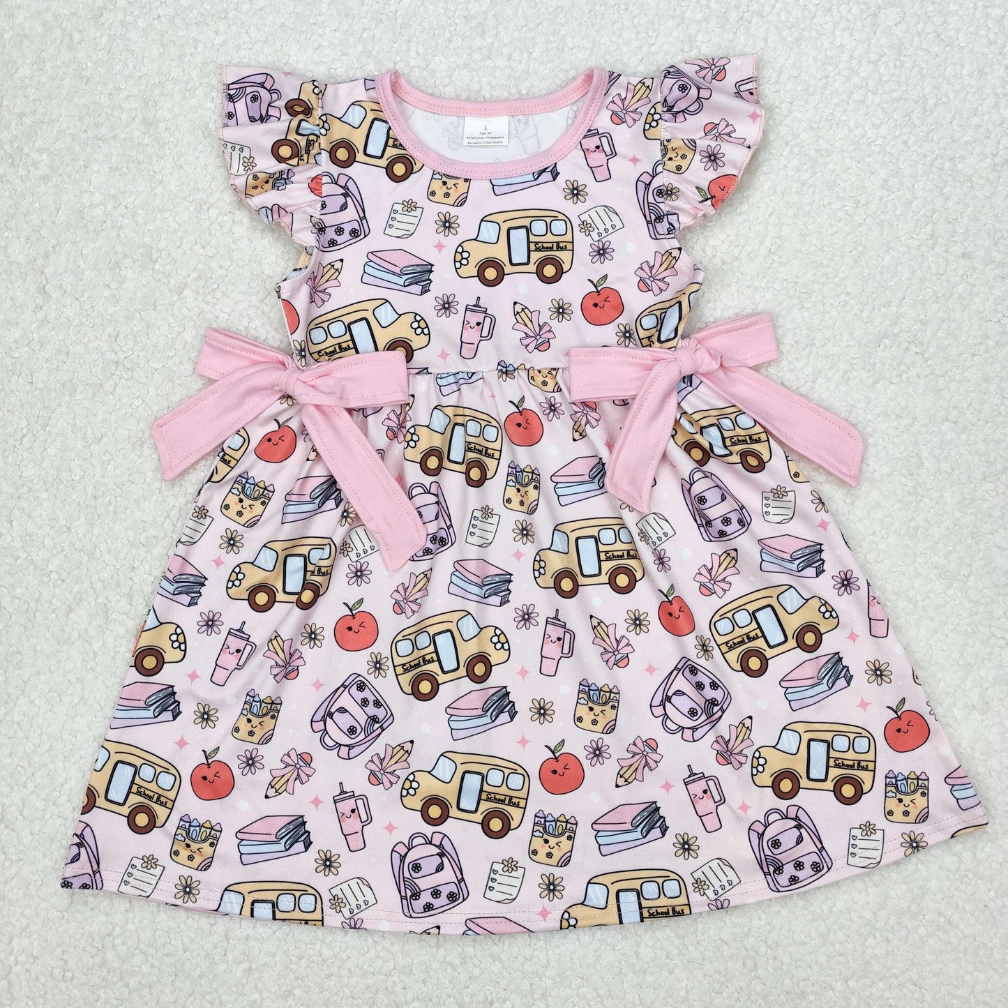 Baby Girls Pink Flutter Sleeves Bows Pencils Bus Dresses