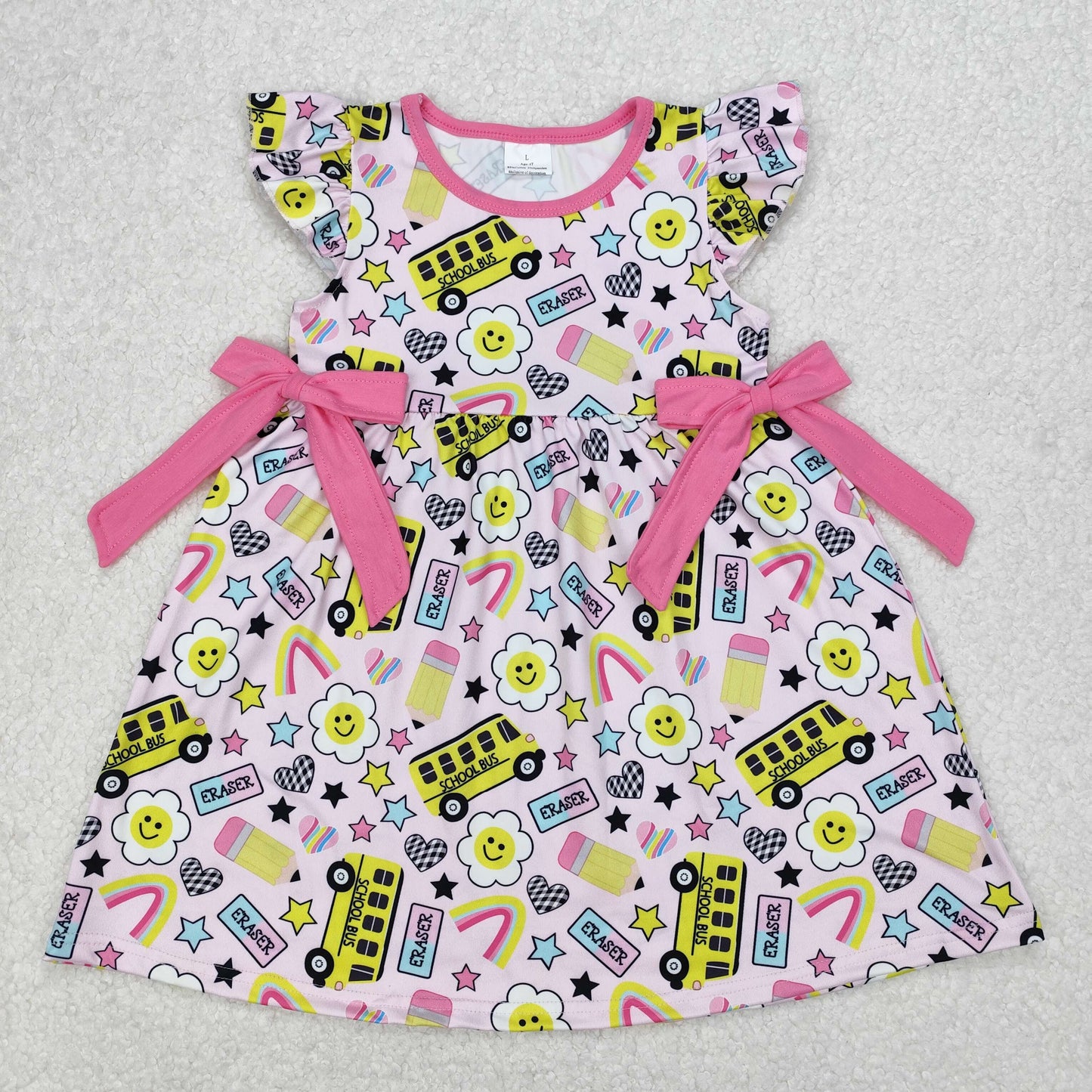 Baby Girls Pink Flutter Sleeves Bows Smiles School Bus Dresses