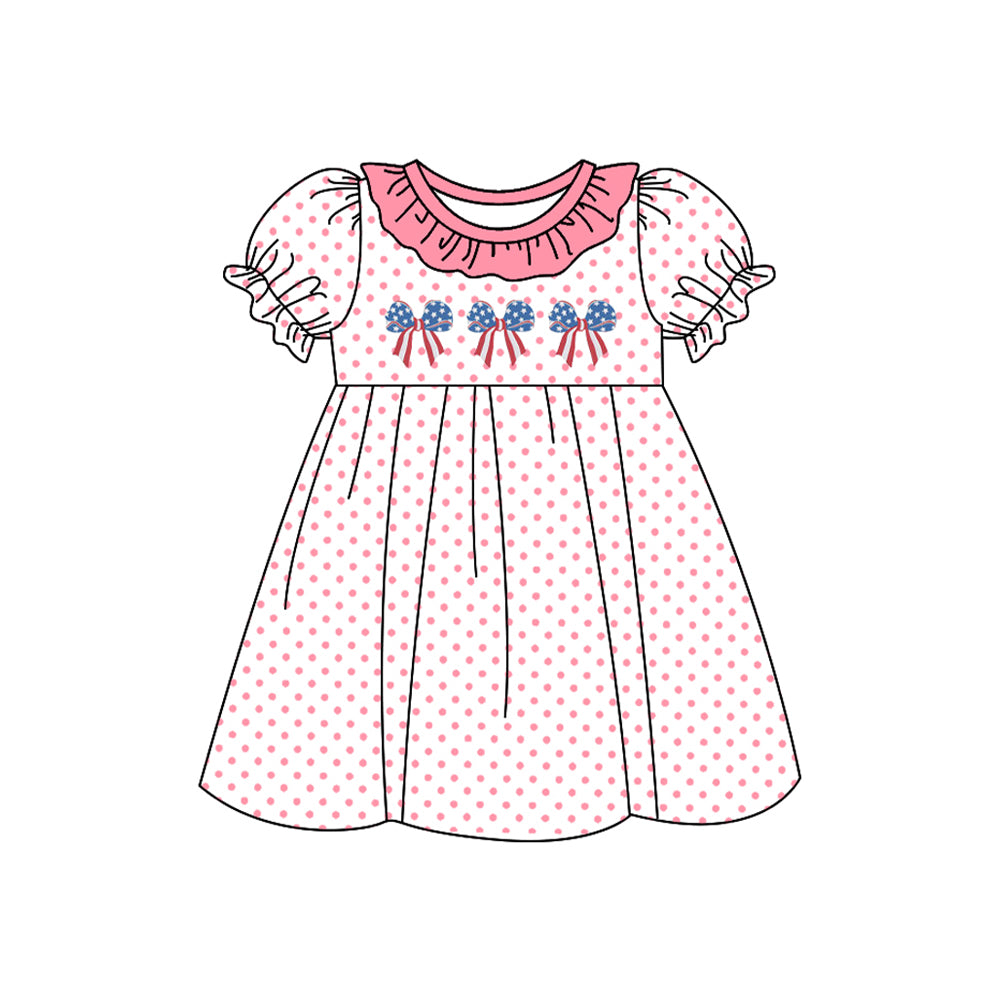 Baby Girls Short Ruffle Sleeves Pink Polka Dots Blue Red Bows 4th Of July Dresses Preorder