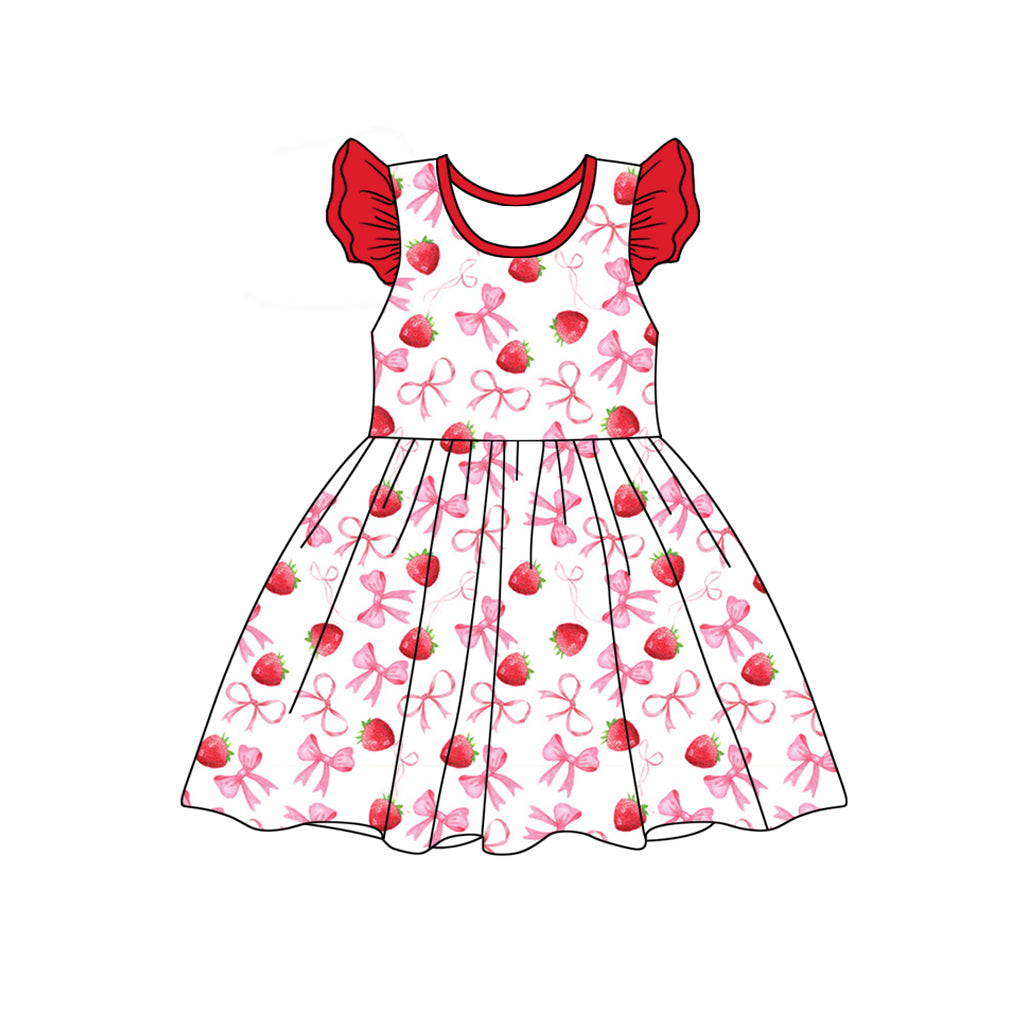 Baby Girls Red Flutter Sleeves Bows Strawberry Valentines Dresses Preorder