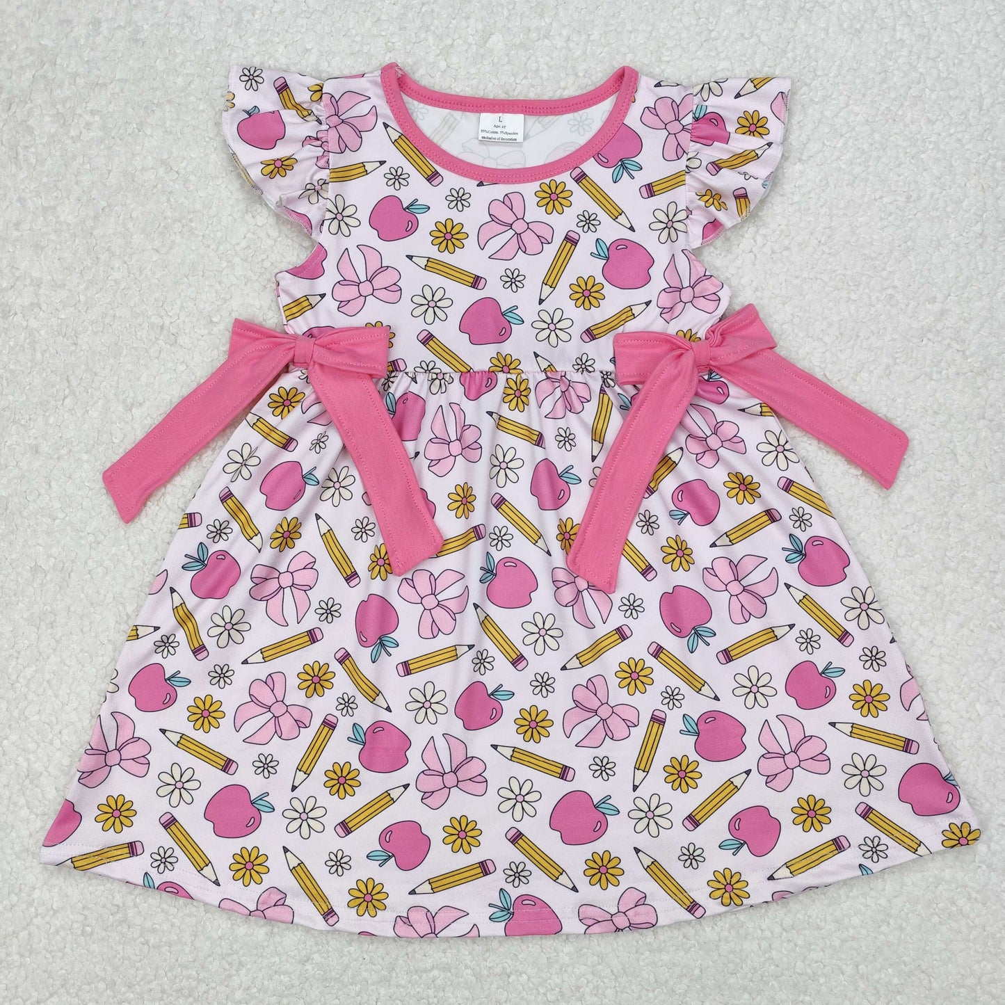Baby Girls Pink Flutter Sleeves Bows Pencils Flowers Bows Dresses