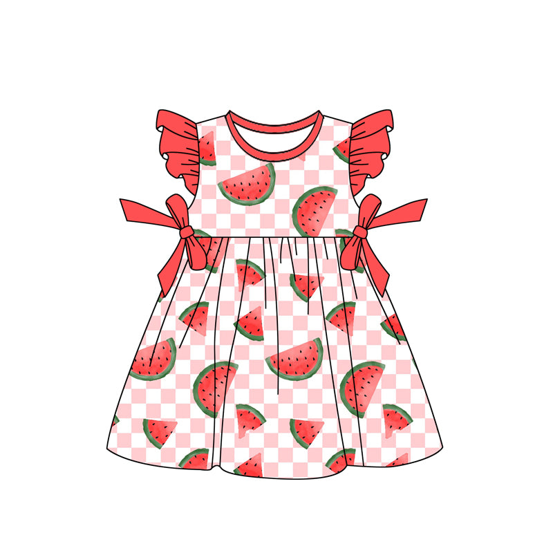 Baby Girls Red Flutter Sleeves Watermelon Plaid Bows Valentines Dress Preorder