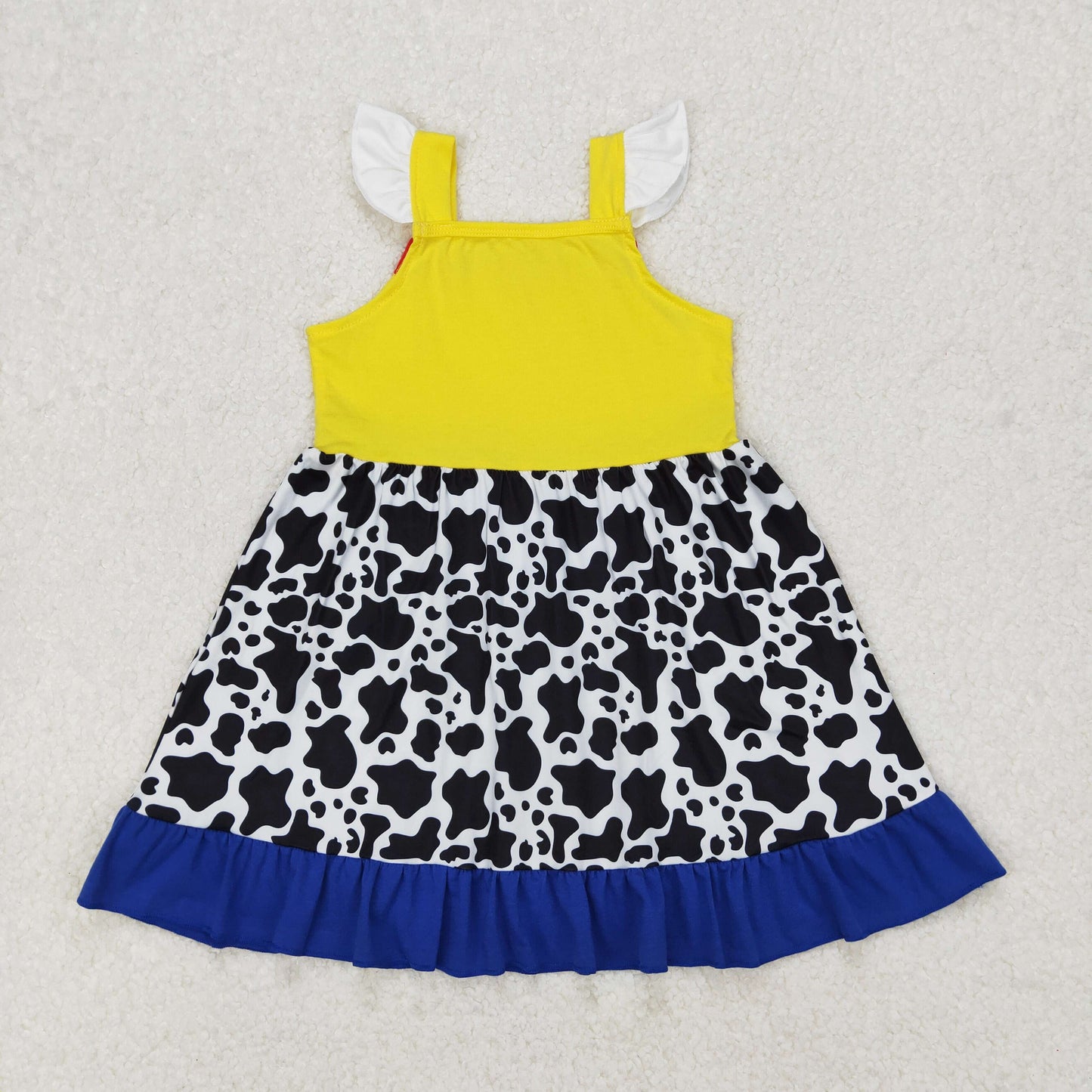 Baby Girls Yellow Flutter Sleeves Blue Cow Print Patchwork Ruffle Dresses