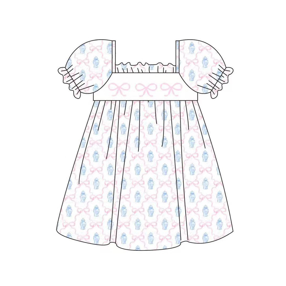 Baby Girls Short Ruffle Sleeves Pink Bows Plaid Valentines Dresses Preorder