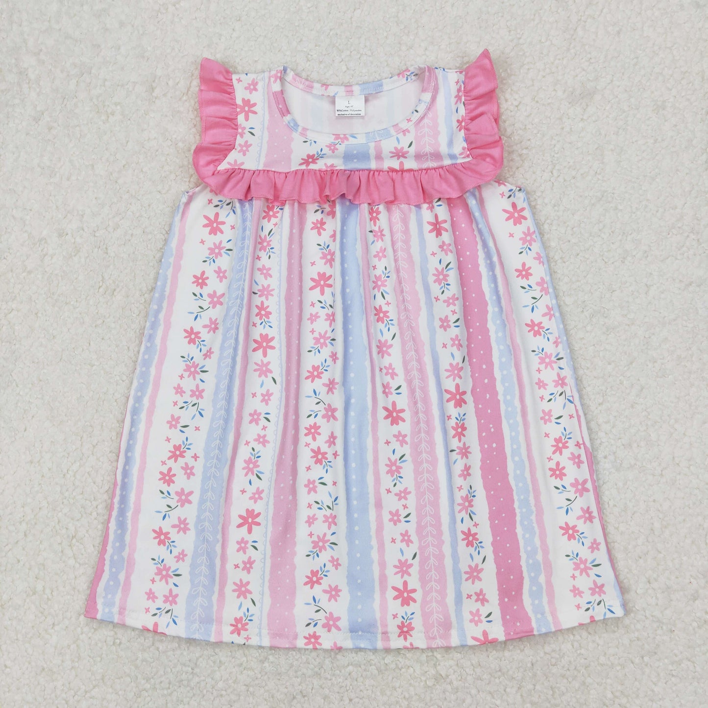 Baby Girls Pink Ruffle Sleeveless Floral Blue Stripe Dresses