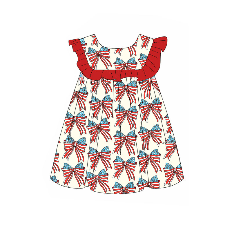 Baby Girls Red Ruffle Sleeveless Blue Bows 4th Of July Dresses Preorder