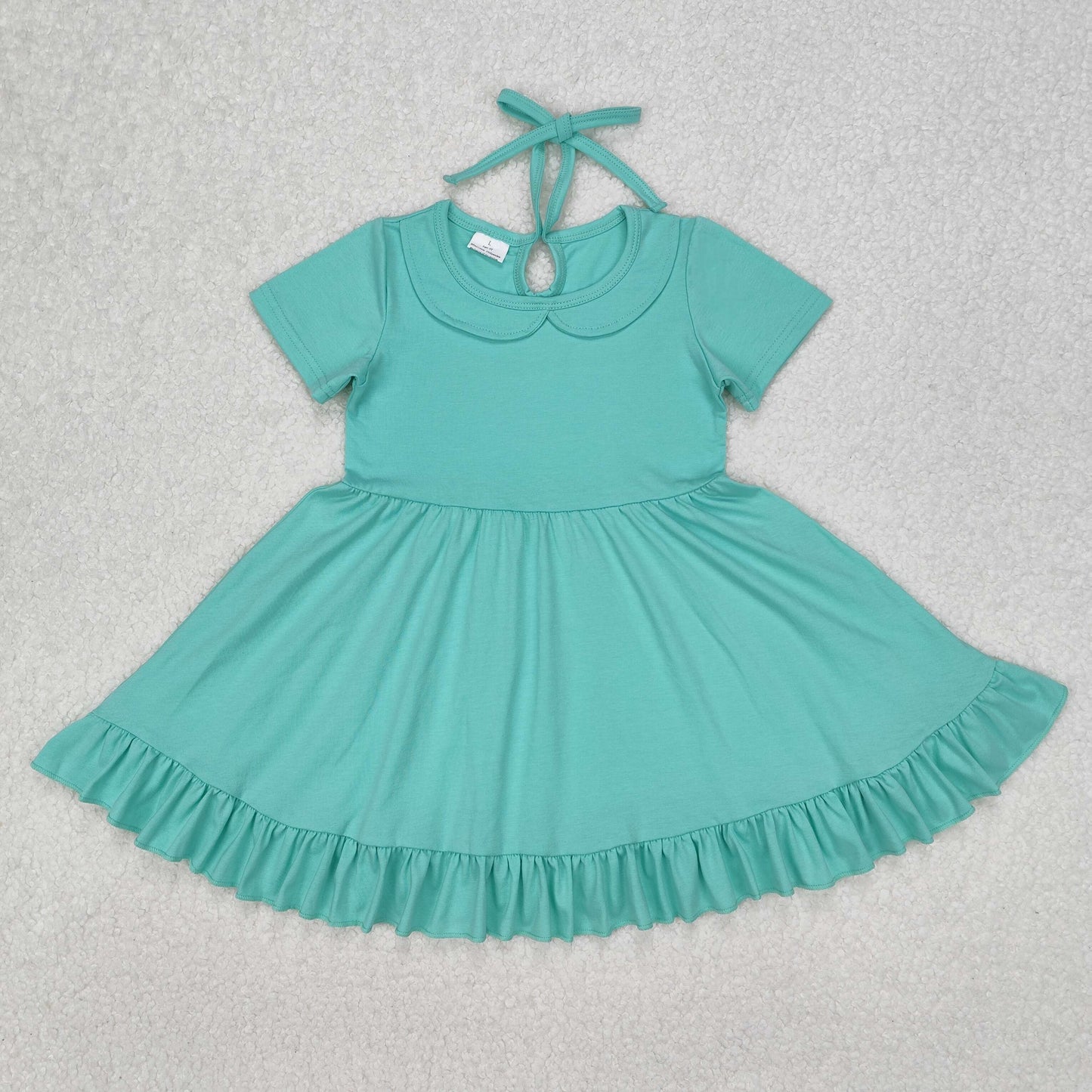 Baby Girls Aqua Short Sleeves Backless Bow Ruffle Dresses