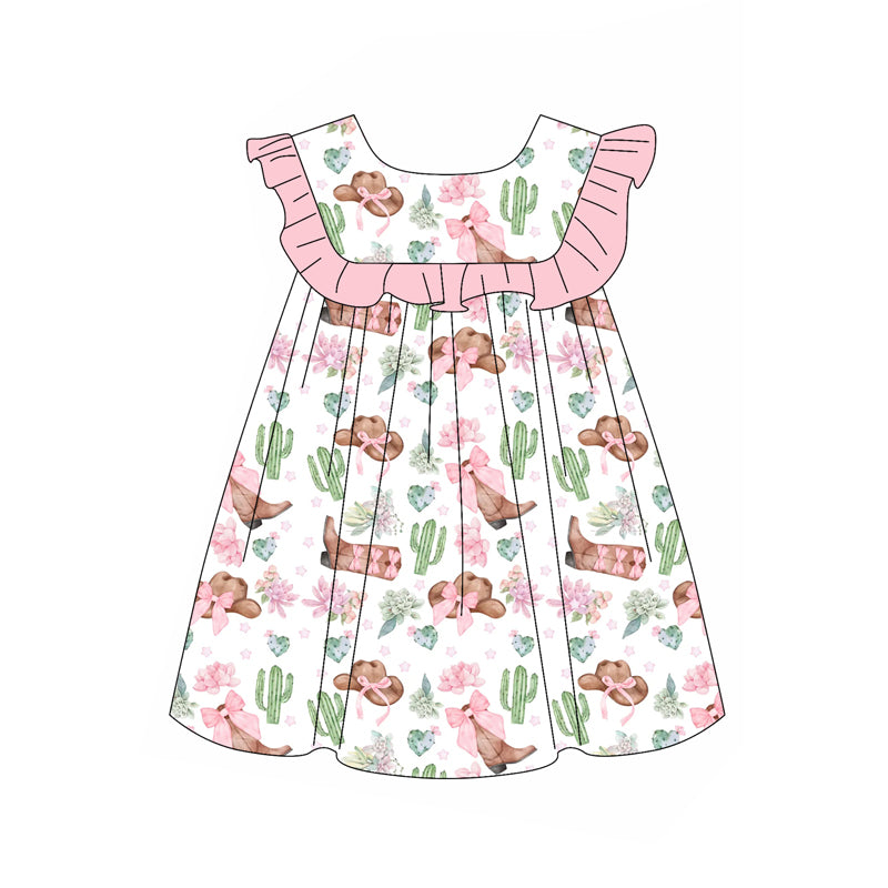 Baby Girls Pink Ruffle Sleeveless Floral Cactus Boots Dresses Preorder