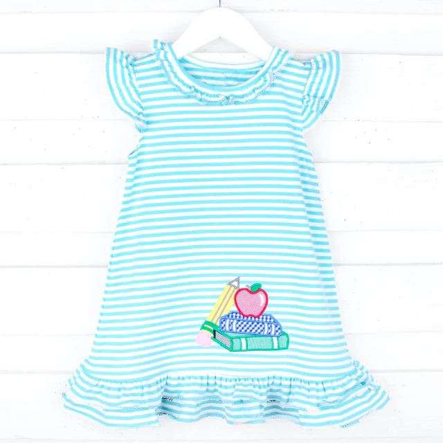 Baby Girls Aqua Stripe Flutter Sleeves Apple Pencils Dresses Preorder