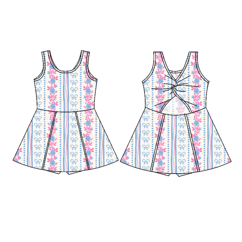 Baby Girls Sleeveless Blue Bows Floral Stripe Valentines Yoga Dress Preorder