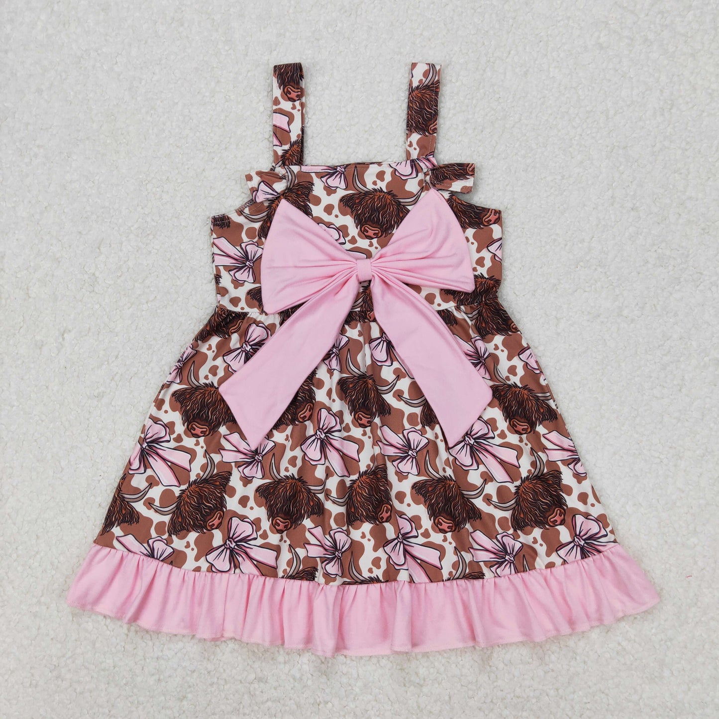 Baby Girls Strap Pink Bows Brown Camo Highland Cows Western Dress