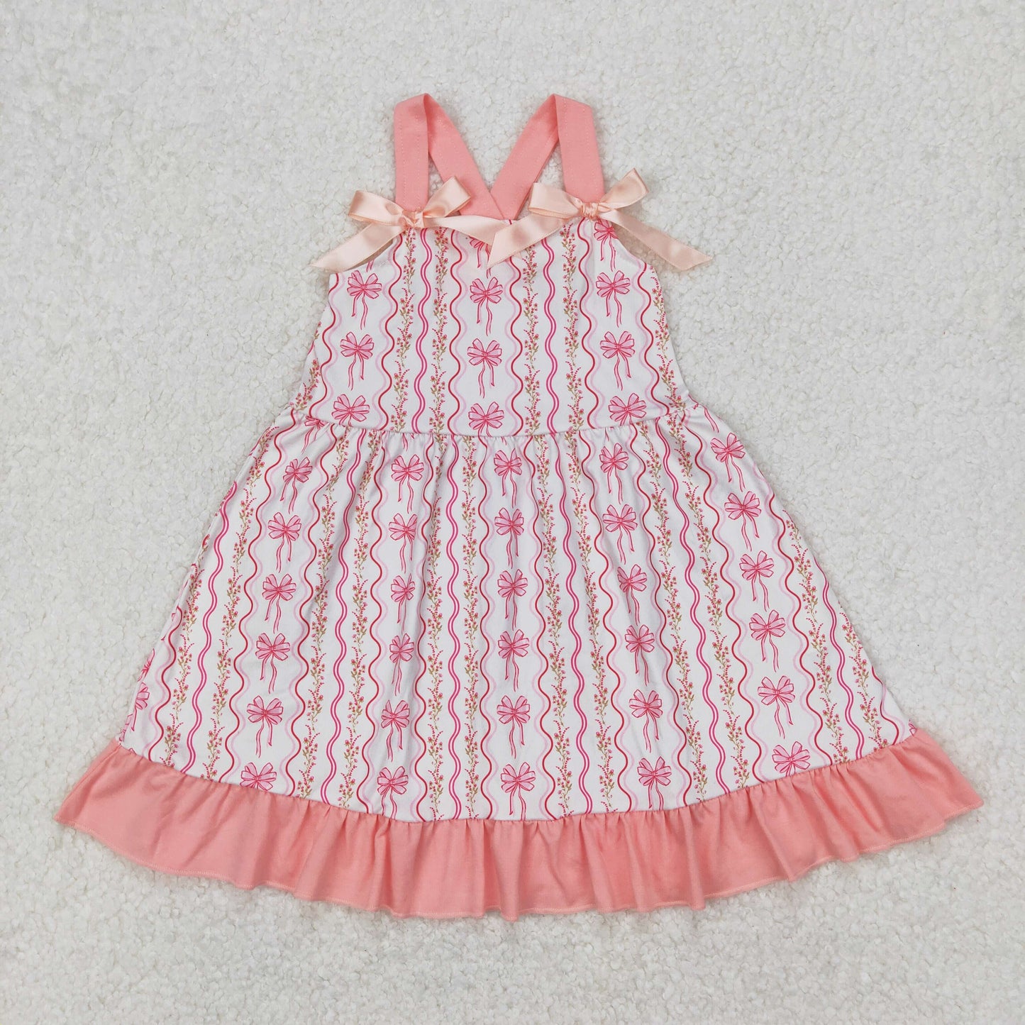 Baby Girls Peach Straps Bows Stripe Floral Valentines Dress