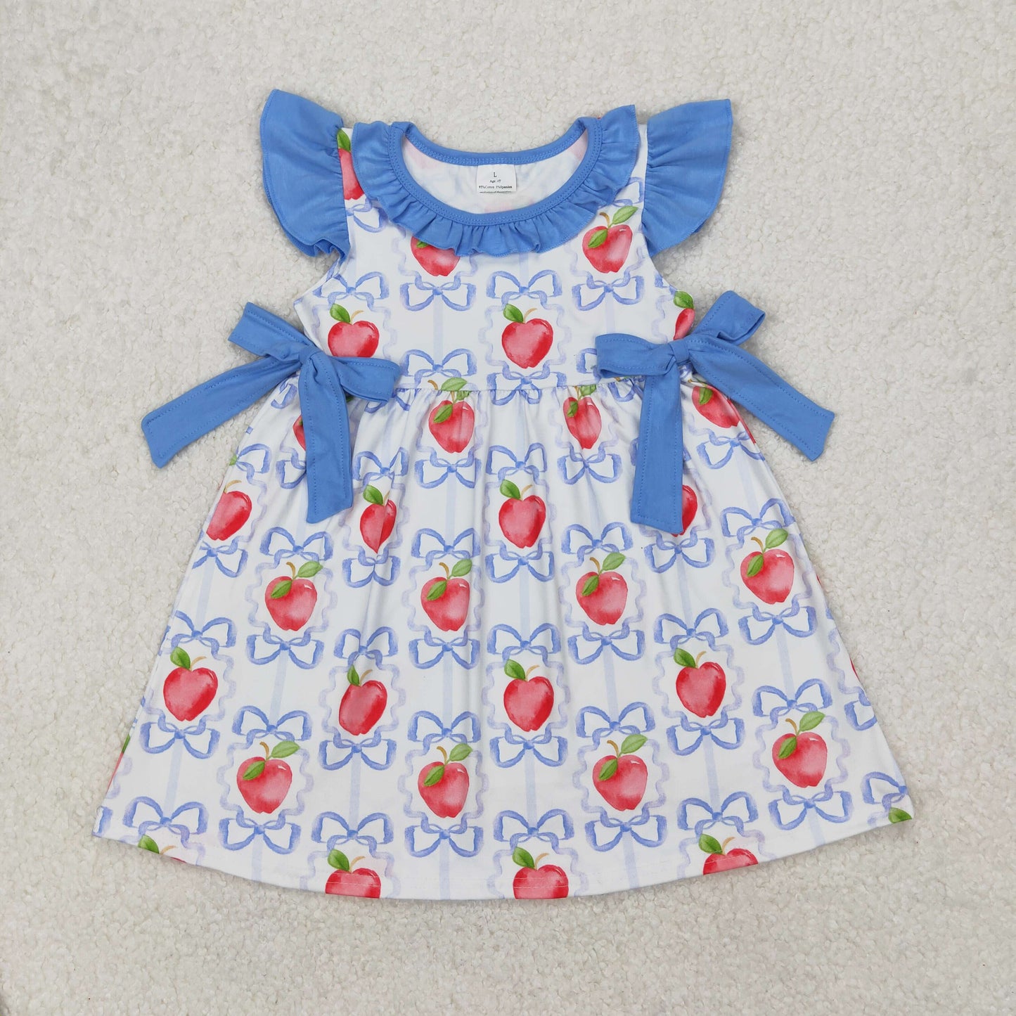 Baby Girls Blue Flutter Sleeves Bows Plaid Apples Dress