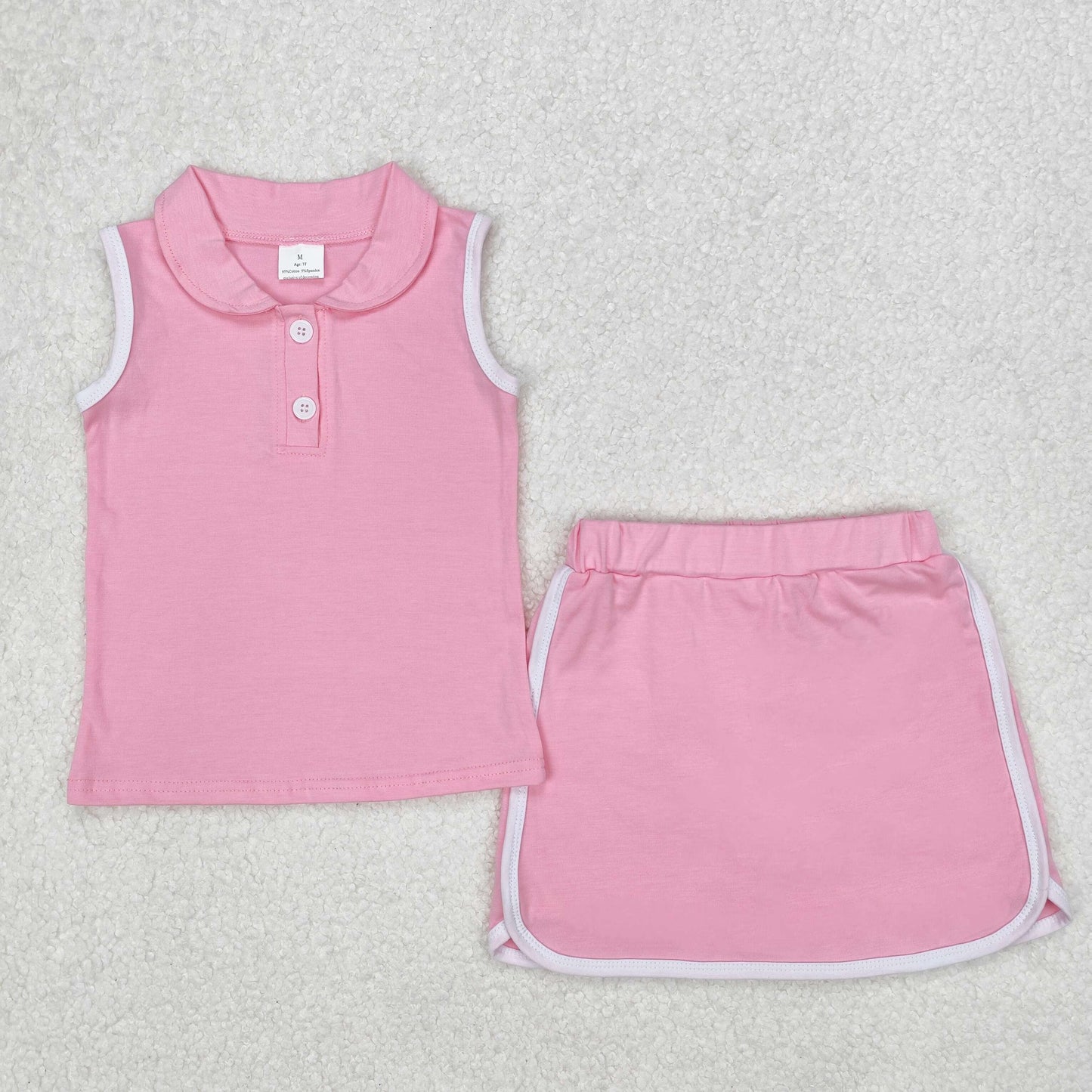 Baby Girls Pink Sleeveless Button Down Top Skirt With Short Cotton Set